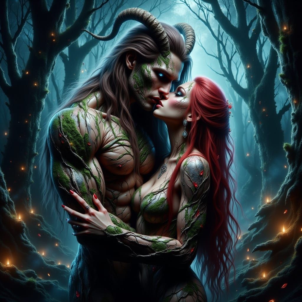Majestic Satyr and Wood Nymph in Ancient Fantasy Forest
