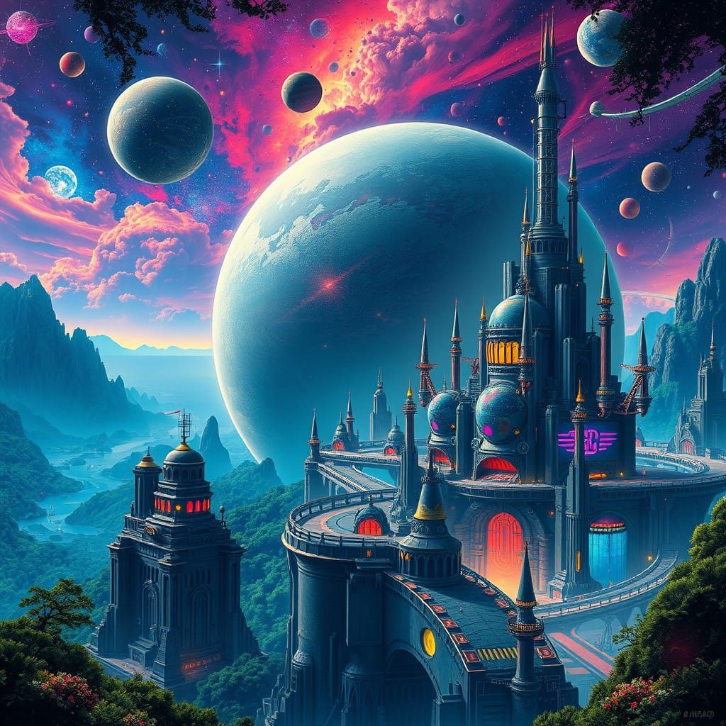 Futuristic Planet with Cyberpunk Steampunk Metropolis