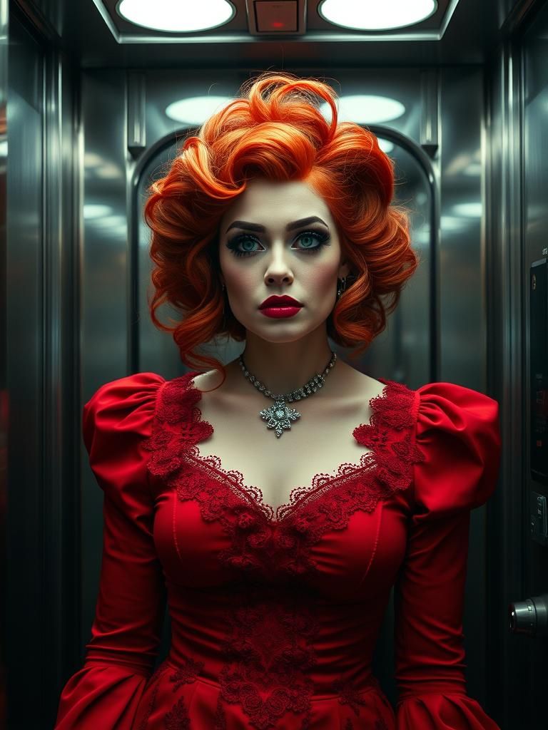 Worried Woman in Victorian Dress in High-Tech Elevator