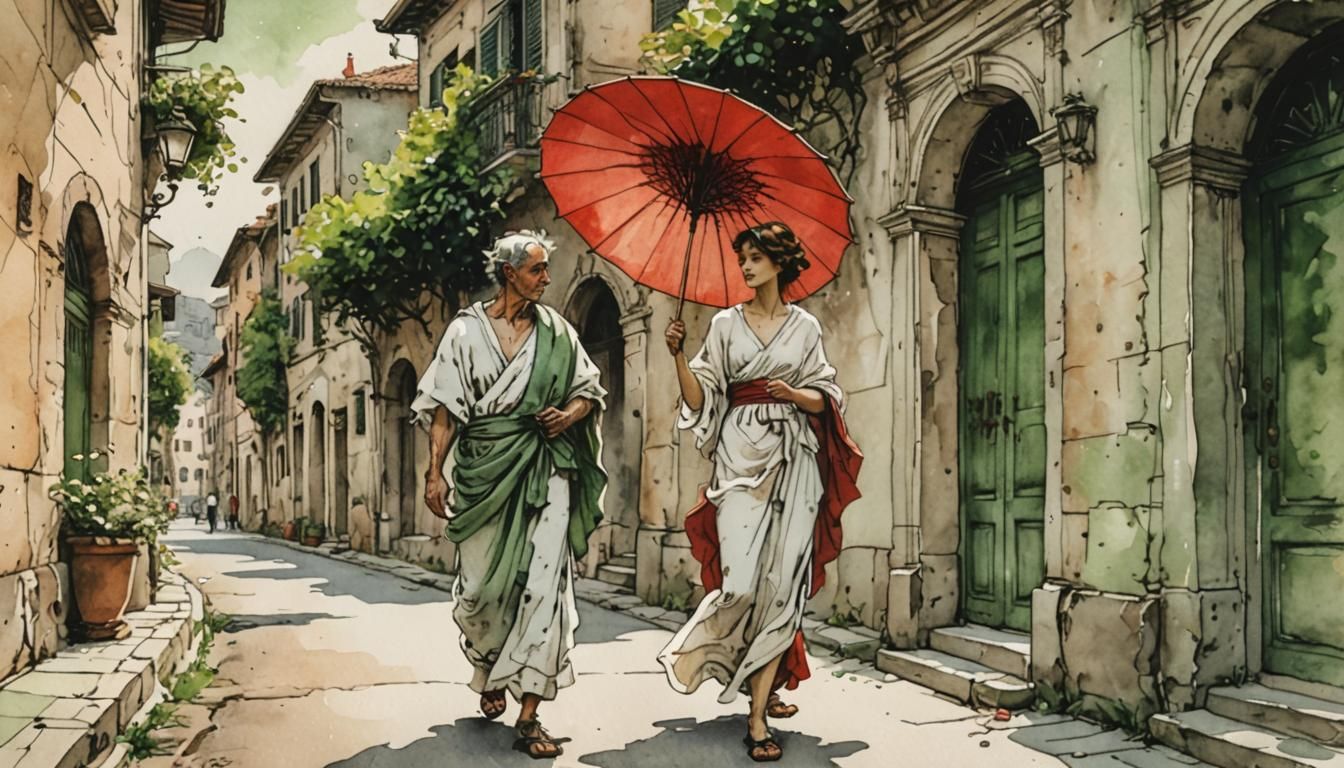 Elegant Roman Woman in Italian Street, Watercolor Illustrati...
