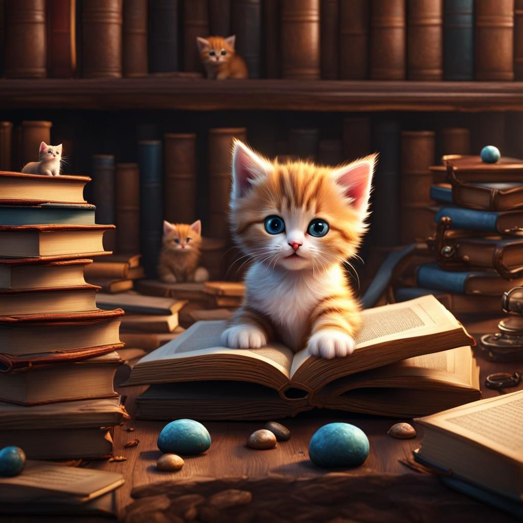 Cute Kitten Plays Among Books in Matte Painting