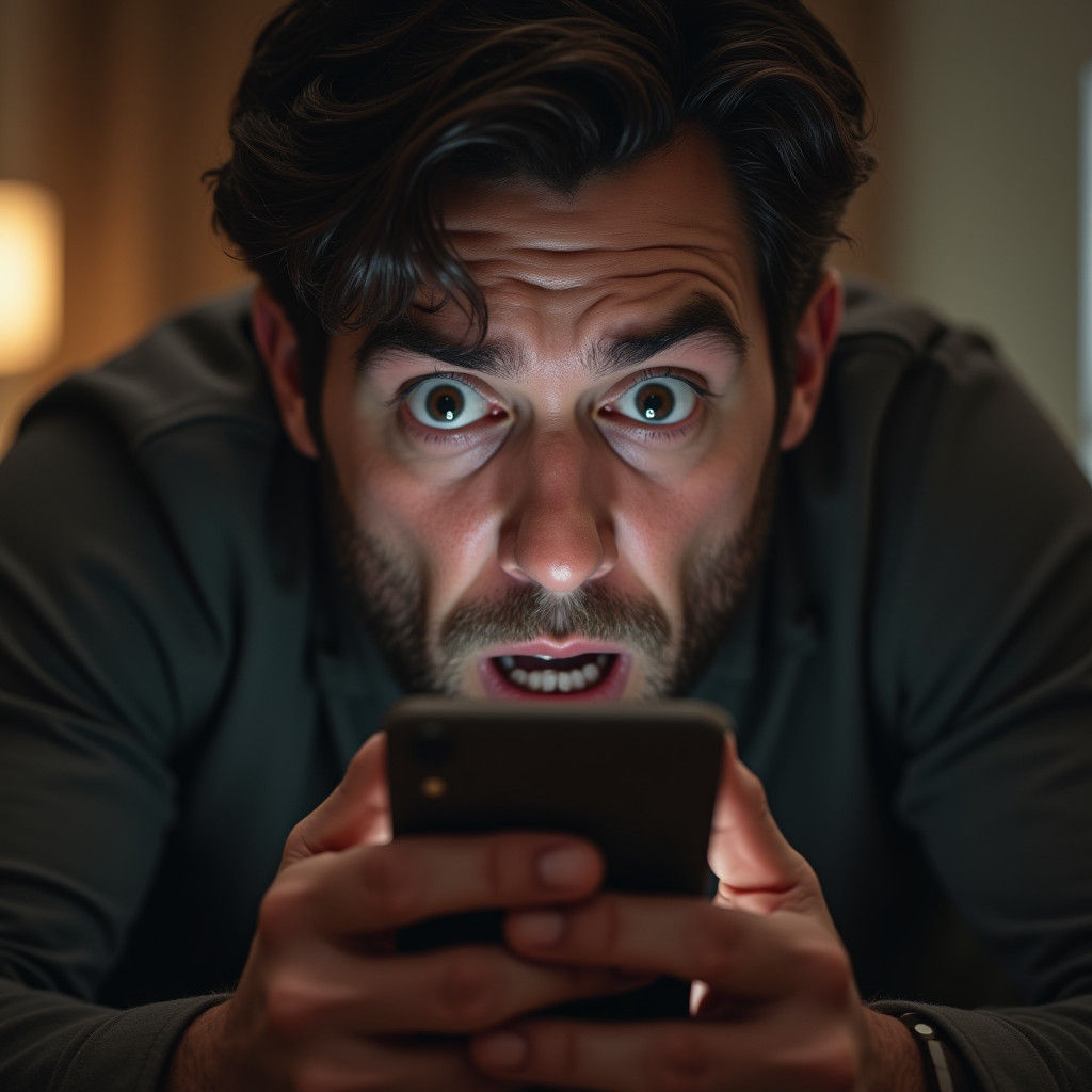 Stunned Man with Phone: Detailed Matte Painting