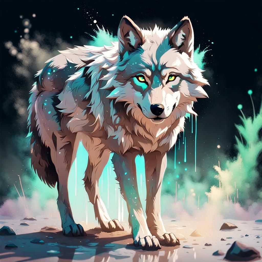 Glitchcore Wolf Splash Art with Serene Lighting