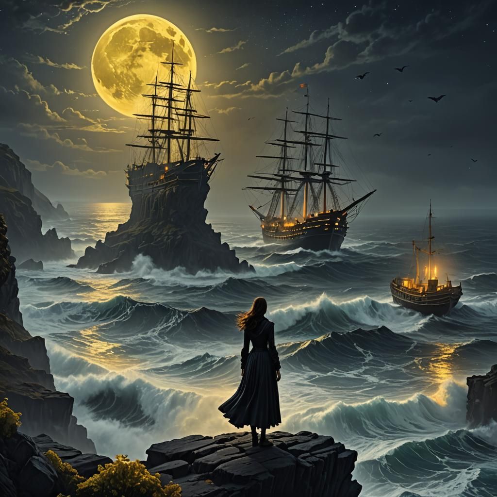 Woman standing on edge of cliff overlooking a turbulent sea looking at an ethereal misty ghost ship in the distant