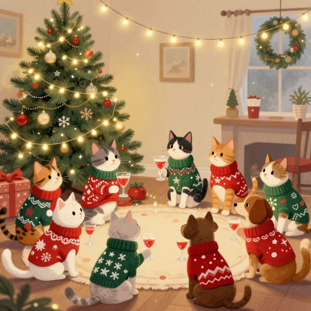 Cats and Dogs Party in Ugly Christmas Sweaters