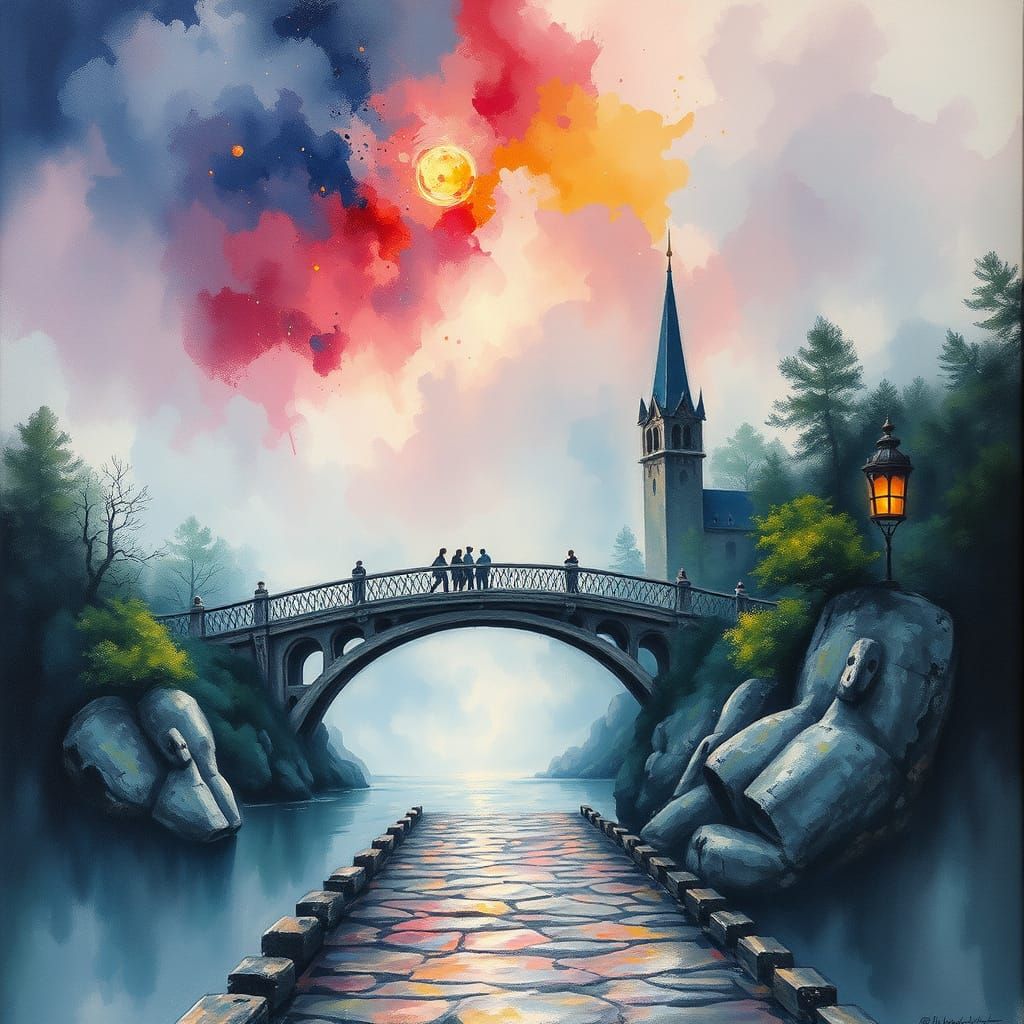 Mysterious Fantasy Bridge in Detailed Charcoal Drawing