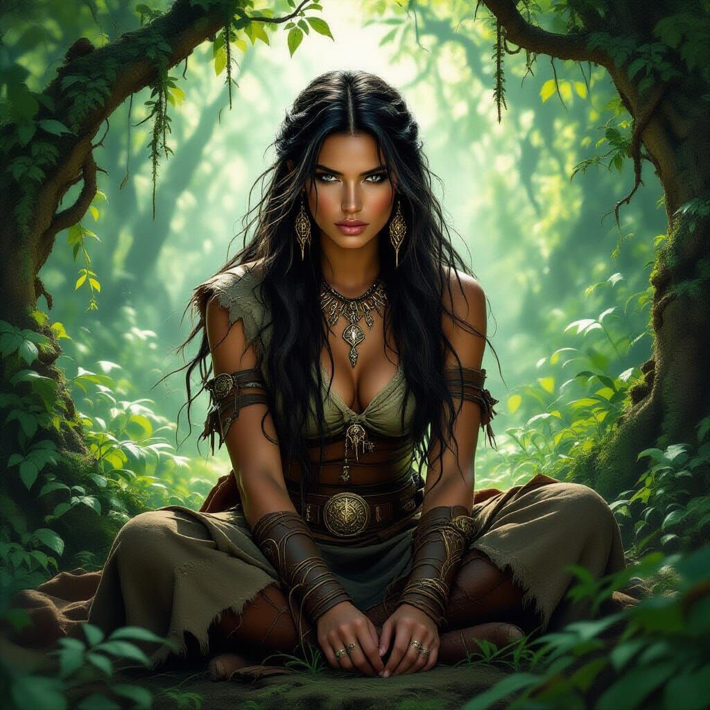 Warrior Woman in Mystical Forest, Romantic Art Style