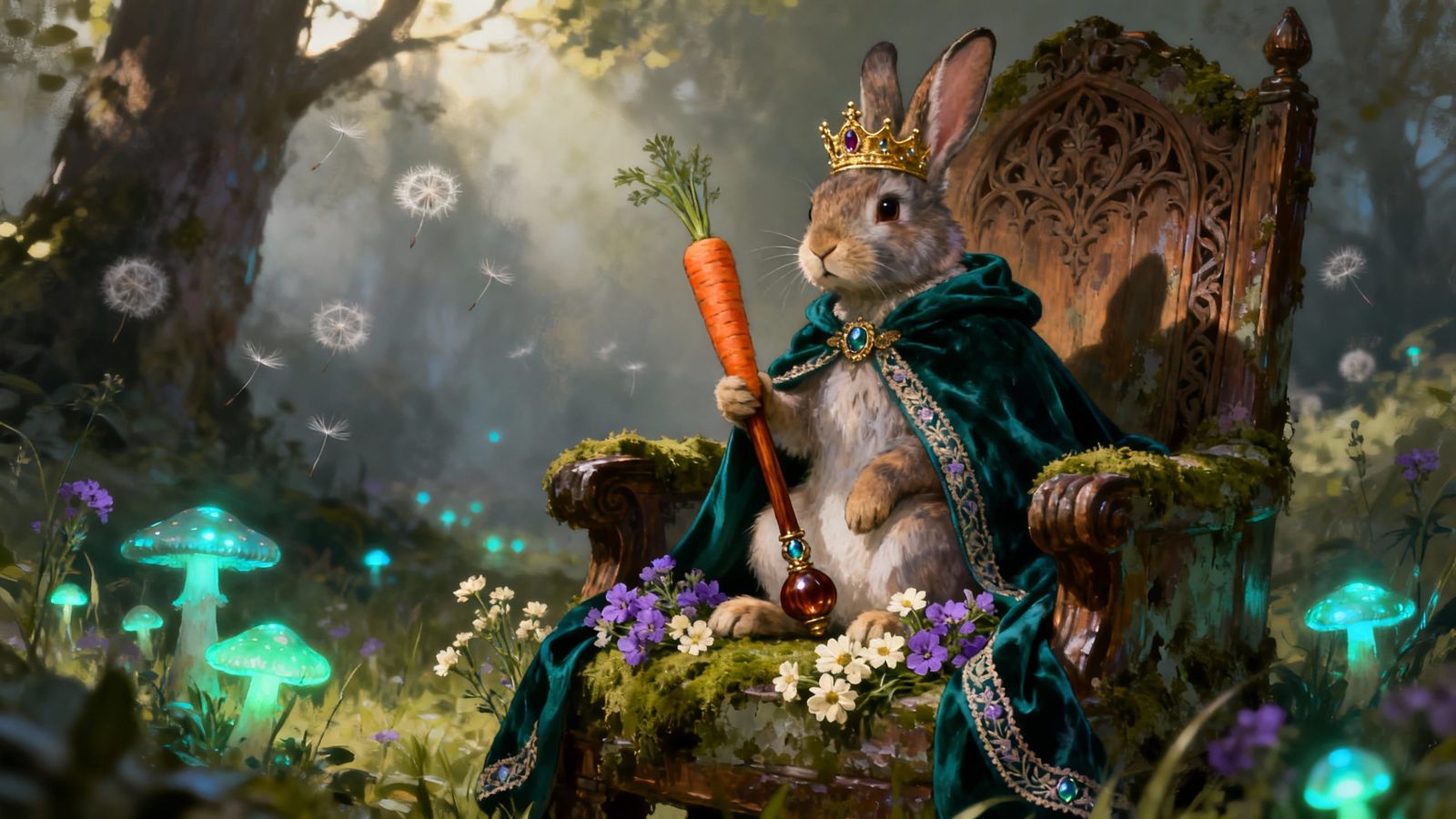 Regal Rabbit on Mossy Throne in Sun-Dappled Clearing