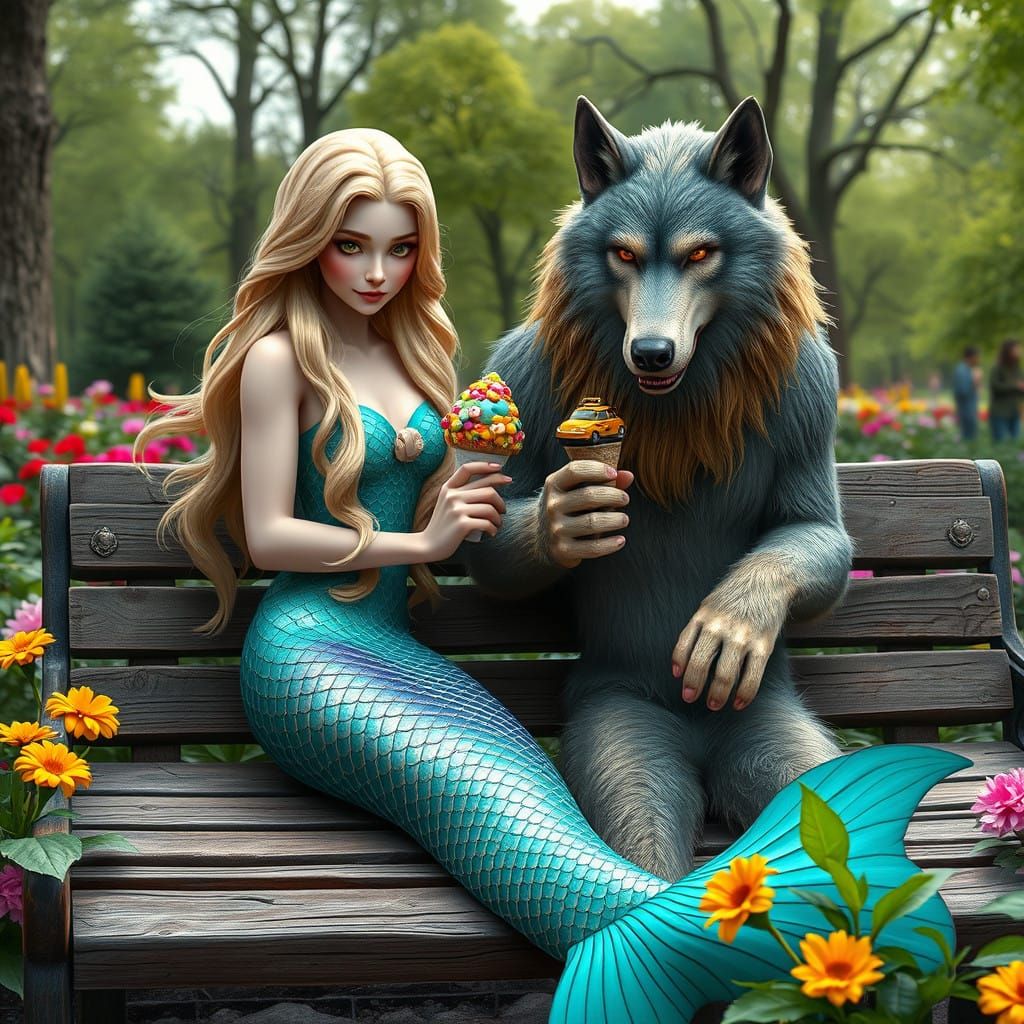 A blonde mermaid and a grey werewolf sit on a bench in Central Park eating icecream cones.