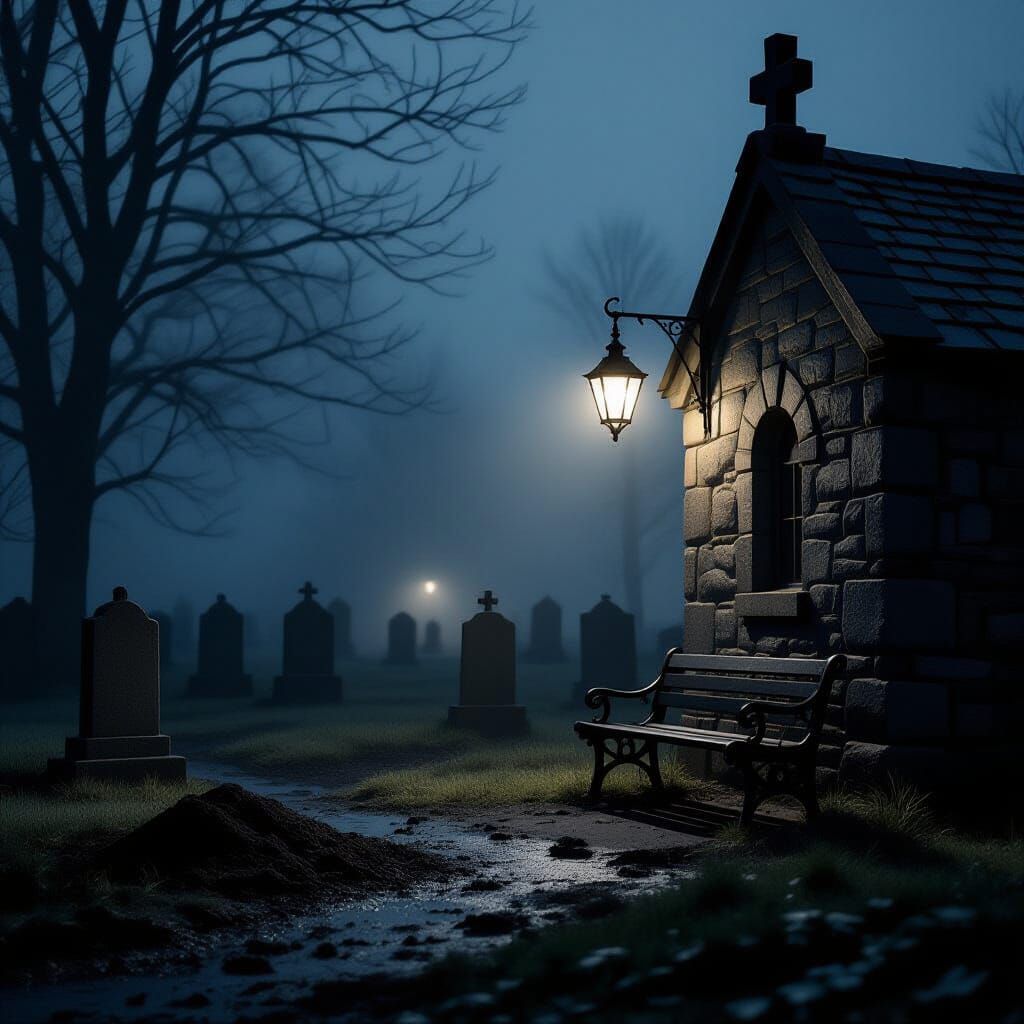 Cinematic Black and White Foggy Cemetery with Old Lantern