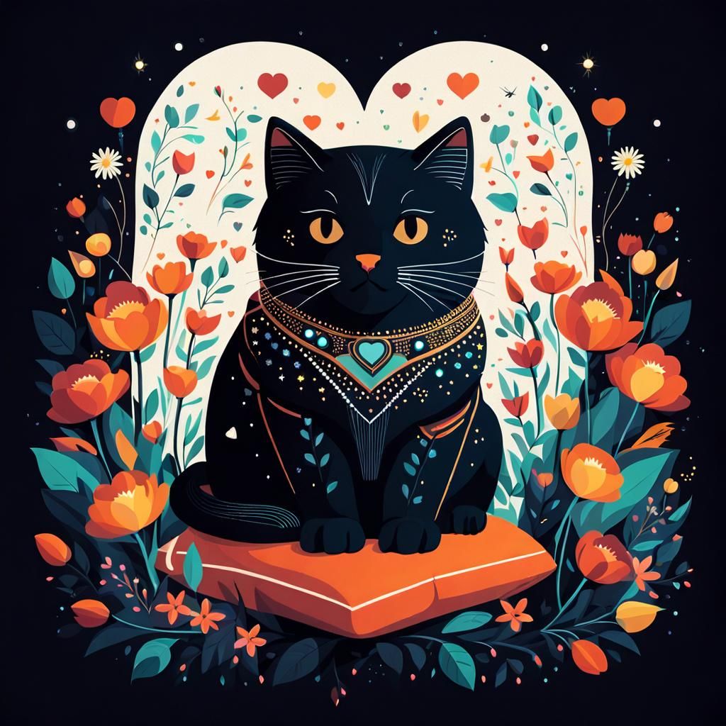 Cute Cat Surrounded by Flowers Graphic Illustration