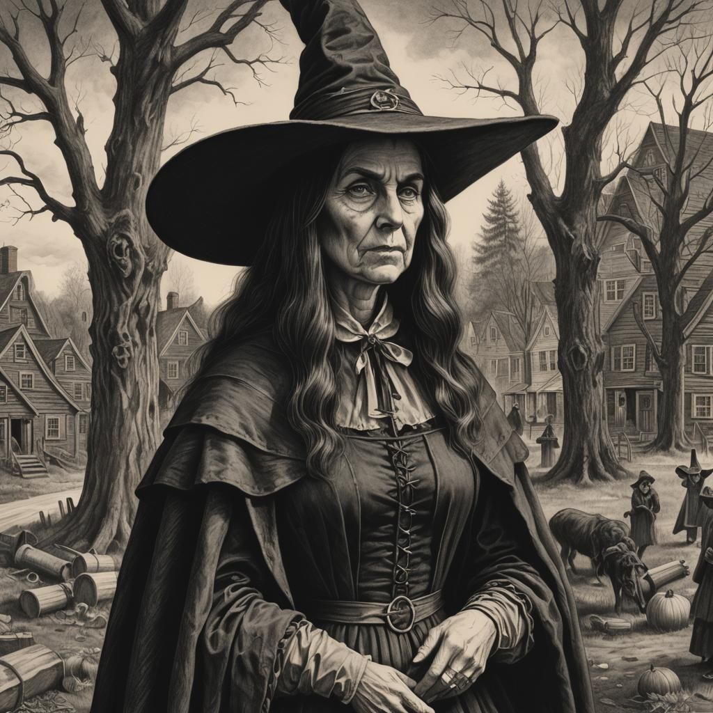 Salem Witch in Puritan New England Charcoal Drawing