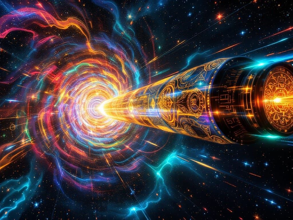 Majestic, Iridescent Spacecraft Pierces Vortex Tunnel Maelst...