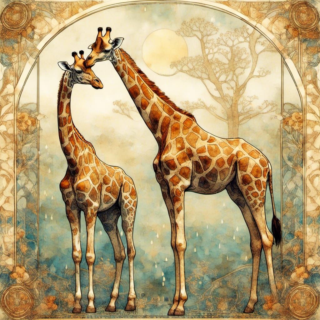 Art Nouveau Giraffes on the African Plains