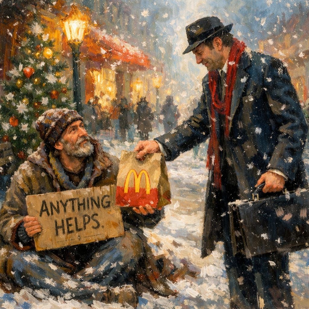 Impressionistic Christmas Eve Scene: Kindness on the Street