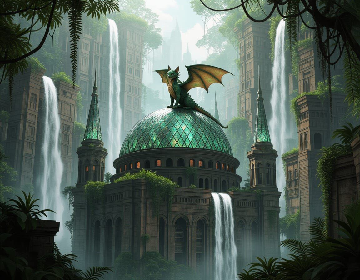 Bioluminescent Dragon-Cat on Futuristic Metropolis Ruins