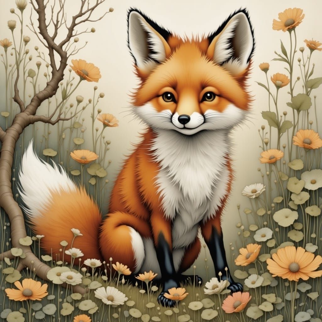 Endearing Fox in Sun-Drenched Meadow, Watercolor Dreamscape