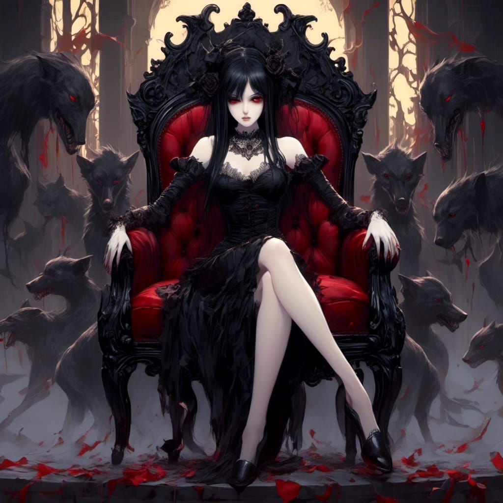 Anime Vampire Woman on Gothic Chair with Dog