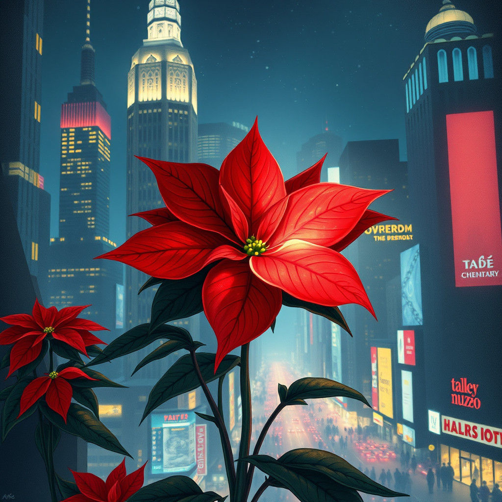 Mystical Poinsettia Blooms in a Whimsical Cityscape