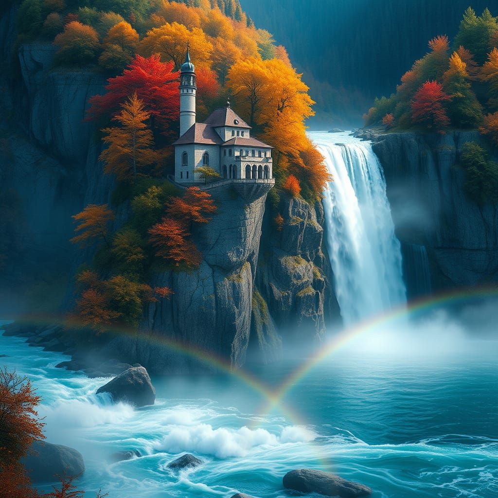 Monastery on Autumn Cliff with Waterfall
