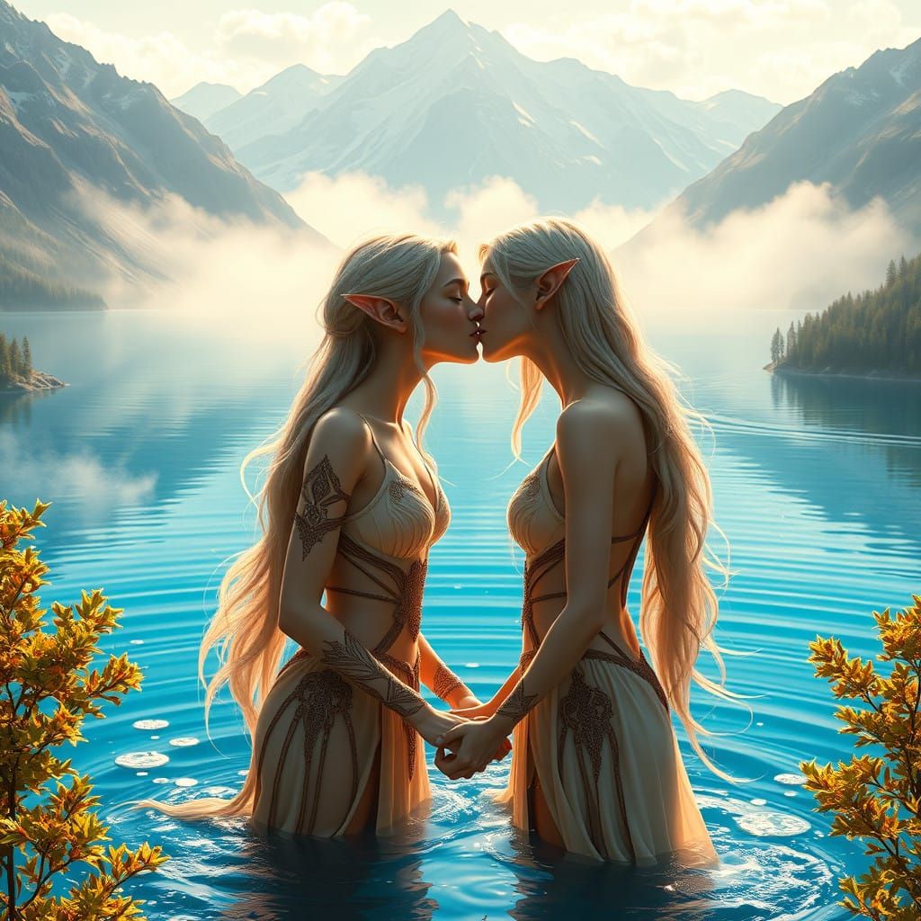 Fantasy Elves Share a Tender Kiss by a Majestic Lake
