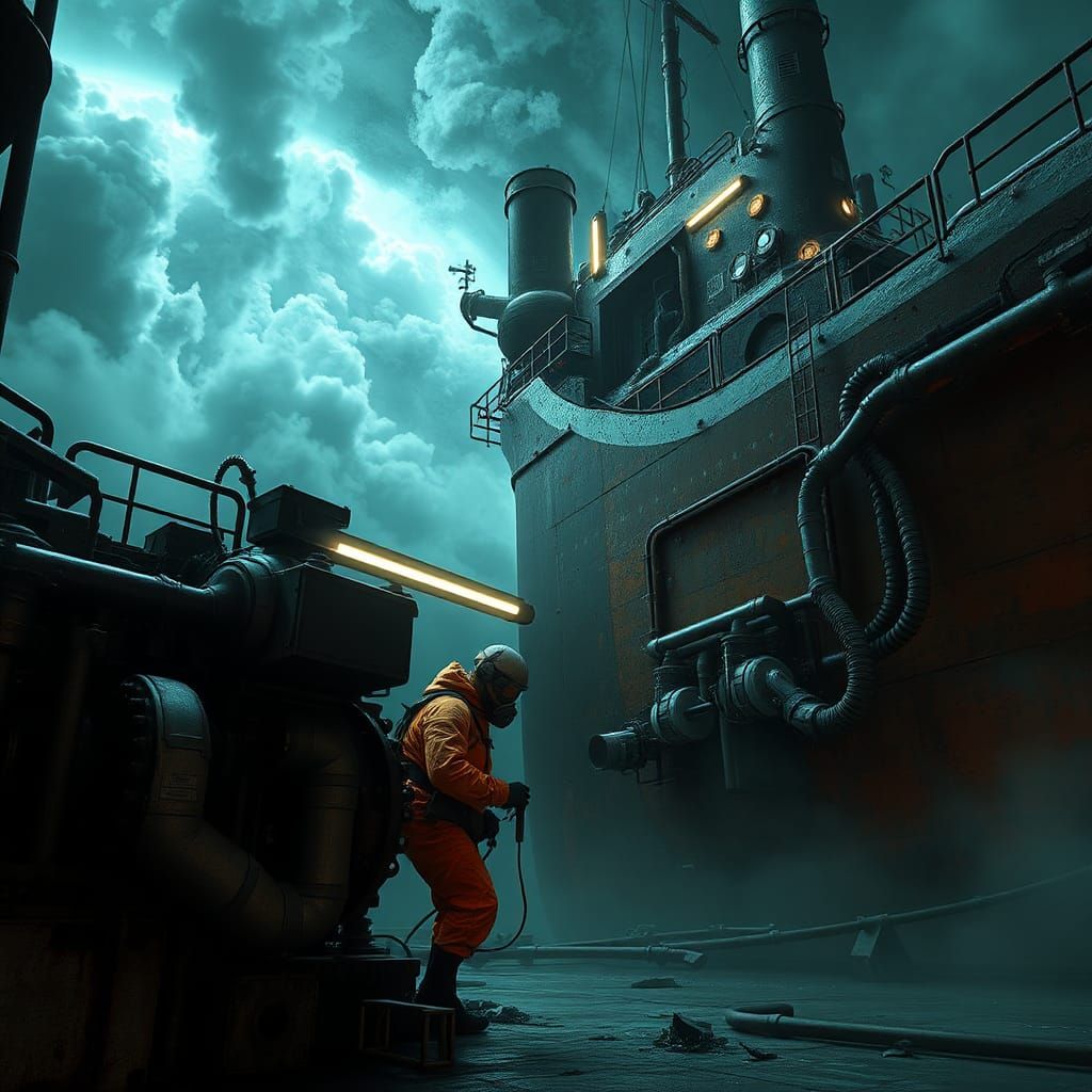 Dystopian Research Vessel Drifting Through Jupiter's Toxic C...