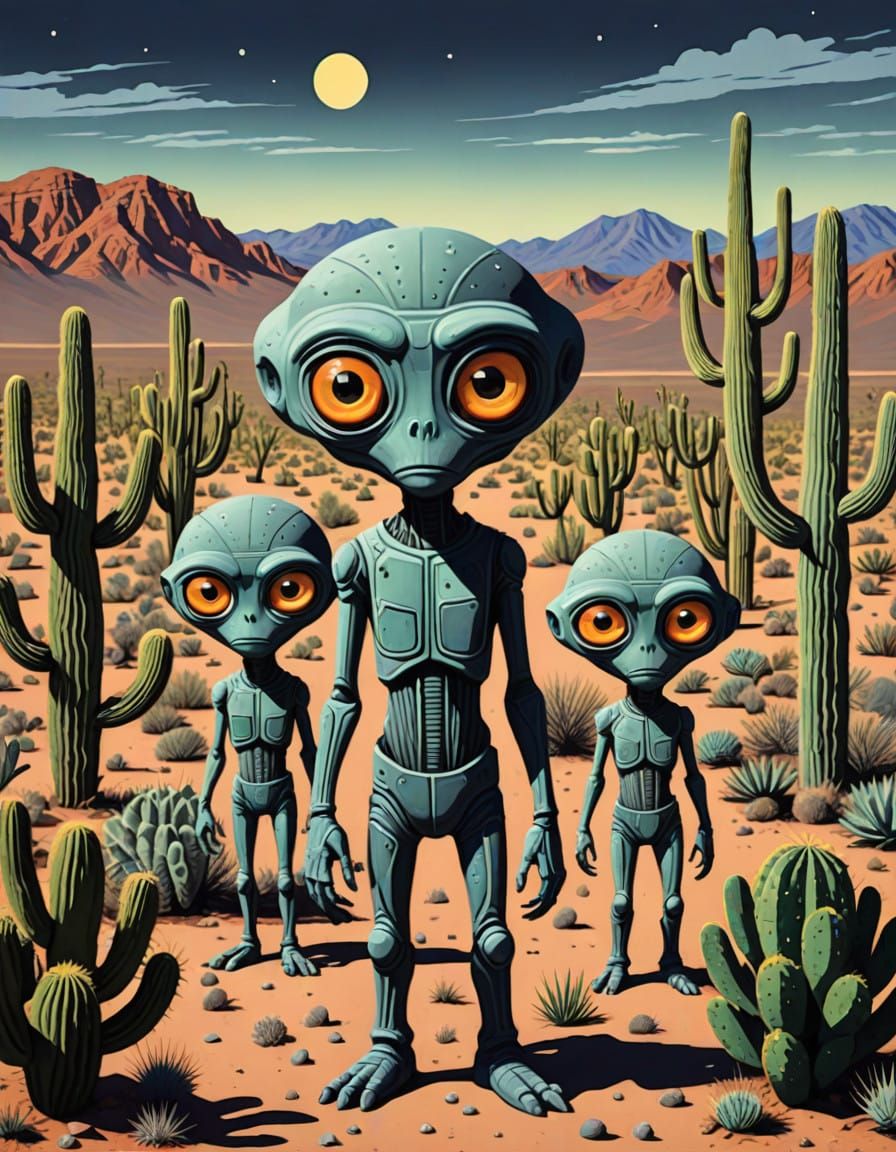 Grey Space Aliens in New Mexico Desert Landscape