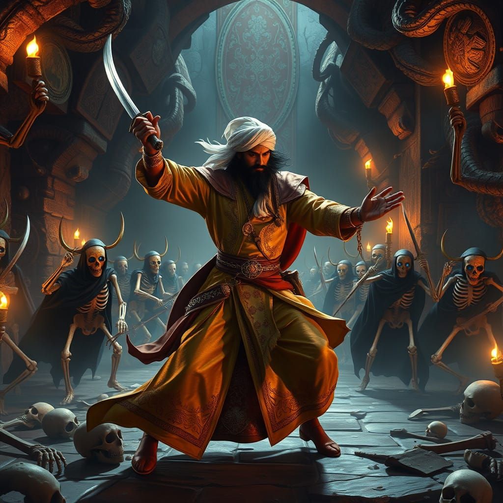 Sinbad the Arabian adventurer sword fights with magical living skeletons armed with scimitars and shields in the evil so...