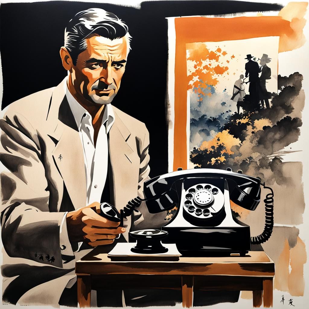 Person Holding Rotary Telephone in Sumi-e Style