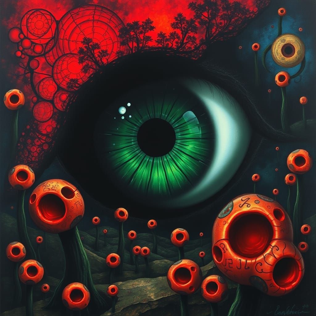 Surreal Black Iris in Dark Fantasy Landscape