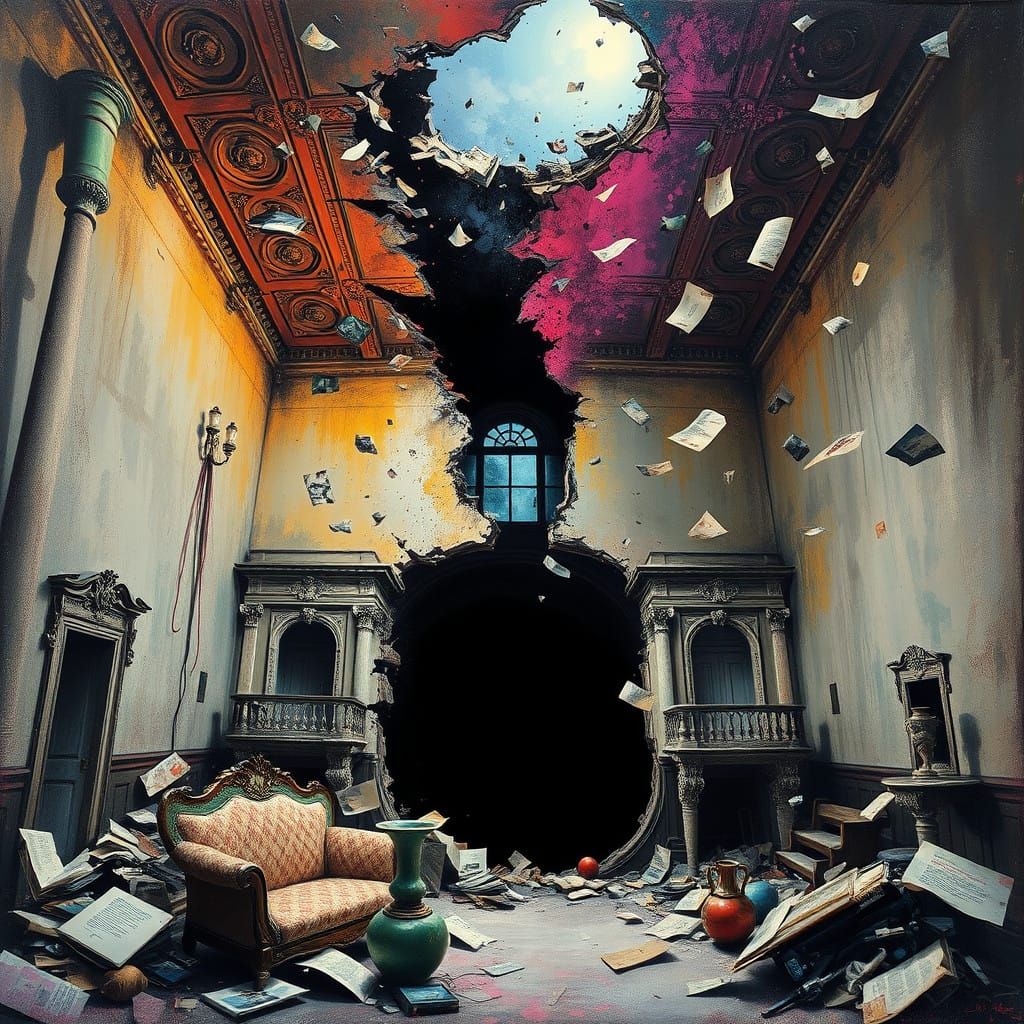 Surreal Mansion Falls into Cosmic Void in Vibrant Street Art...