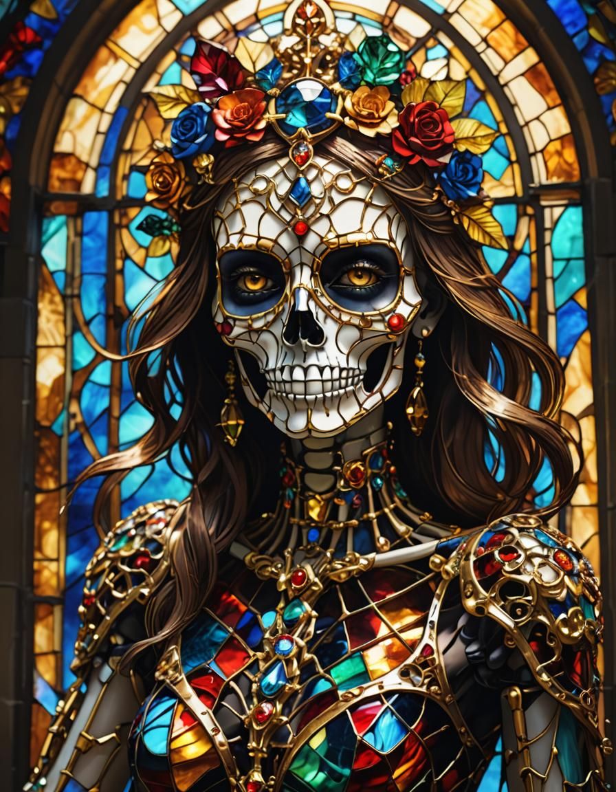 Stained Glass Skeleton Girl with Gold Accents
