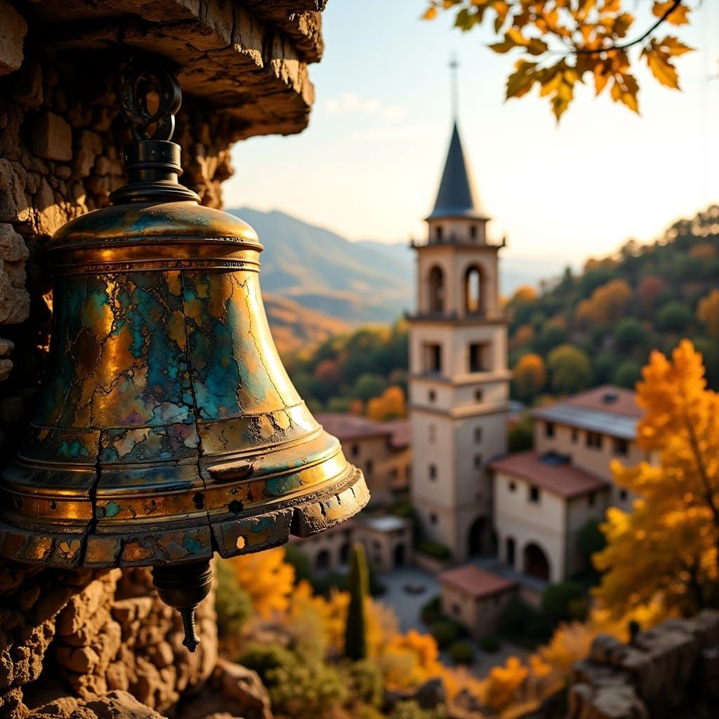 Italian Village Bell Tower in Golden Light