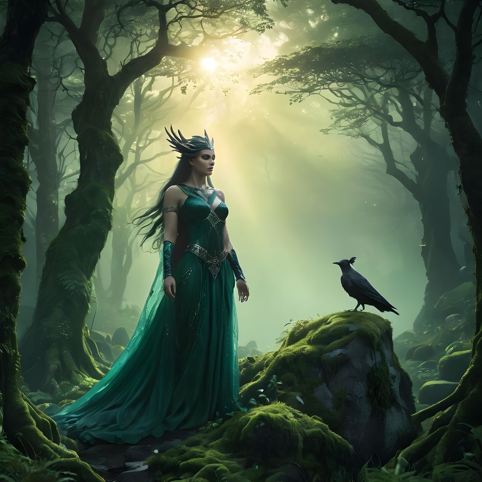 Celtic Deity Morrigan in Emerald Forest Digital Art