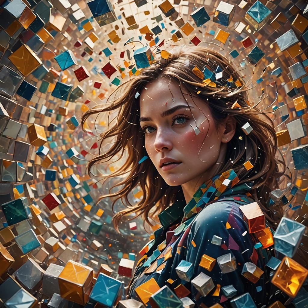 Woman Fragmented into Geometric Cubes in Kaleidoscopic Disar...