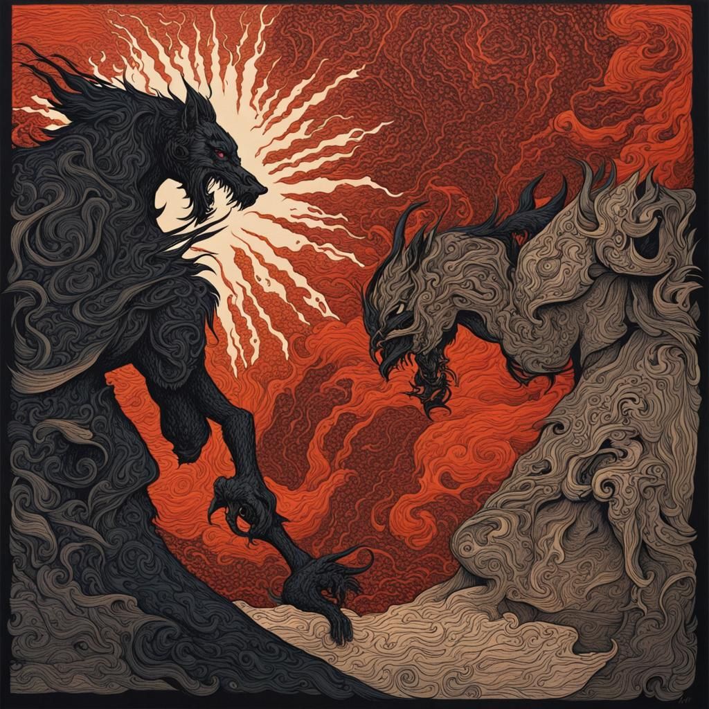 Epic Battle Scene as Woodblock Print