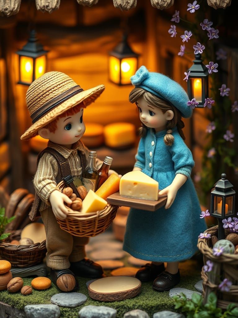 Cozy Felt-Crafted Village Scene with Straw Hat Boy and Blue ...