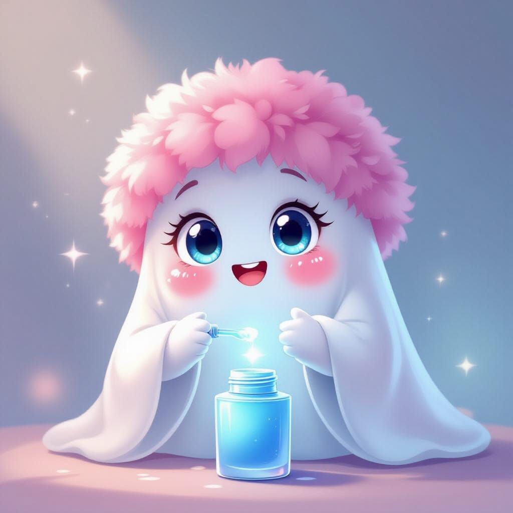 Cute Cartoon Ghost Applying Skincare in Ghibli Style