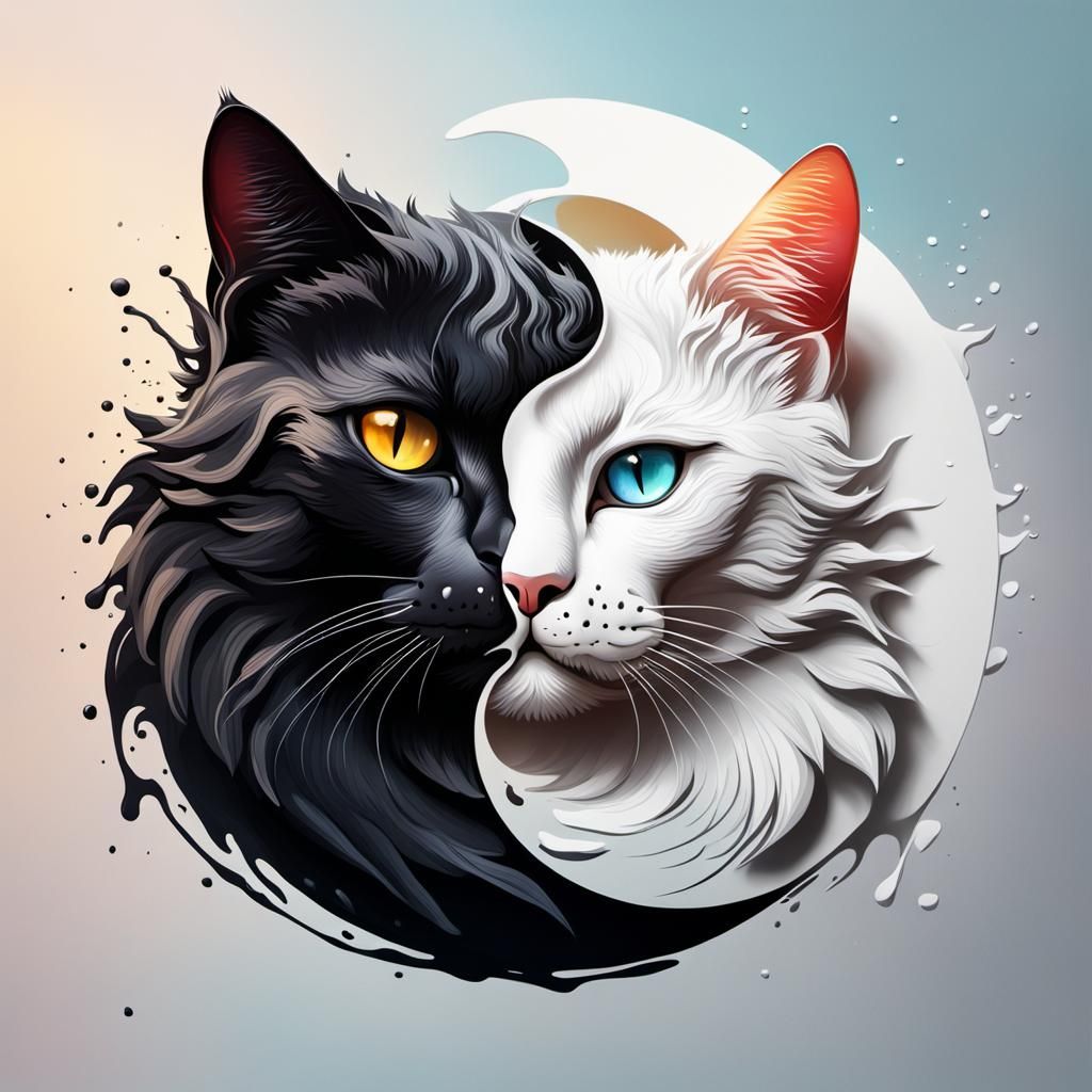 Yin Yang Cats in Hyperrealistic Splash Art