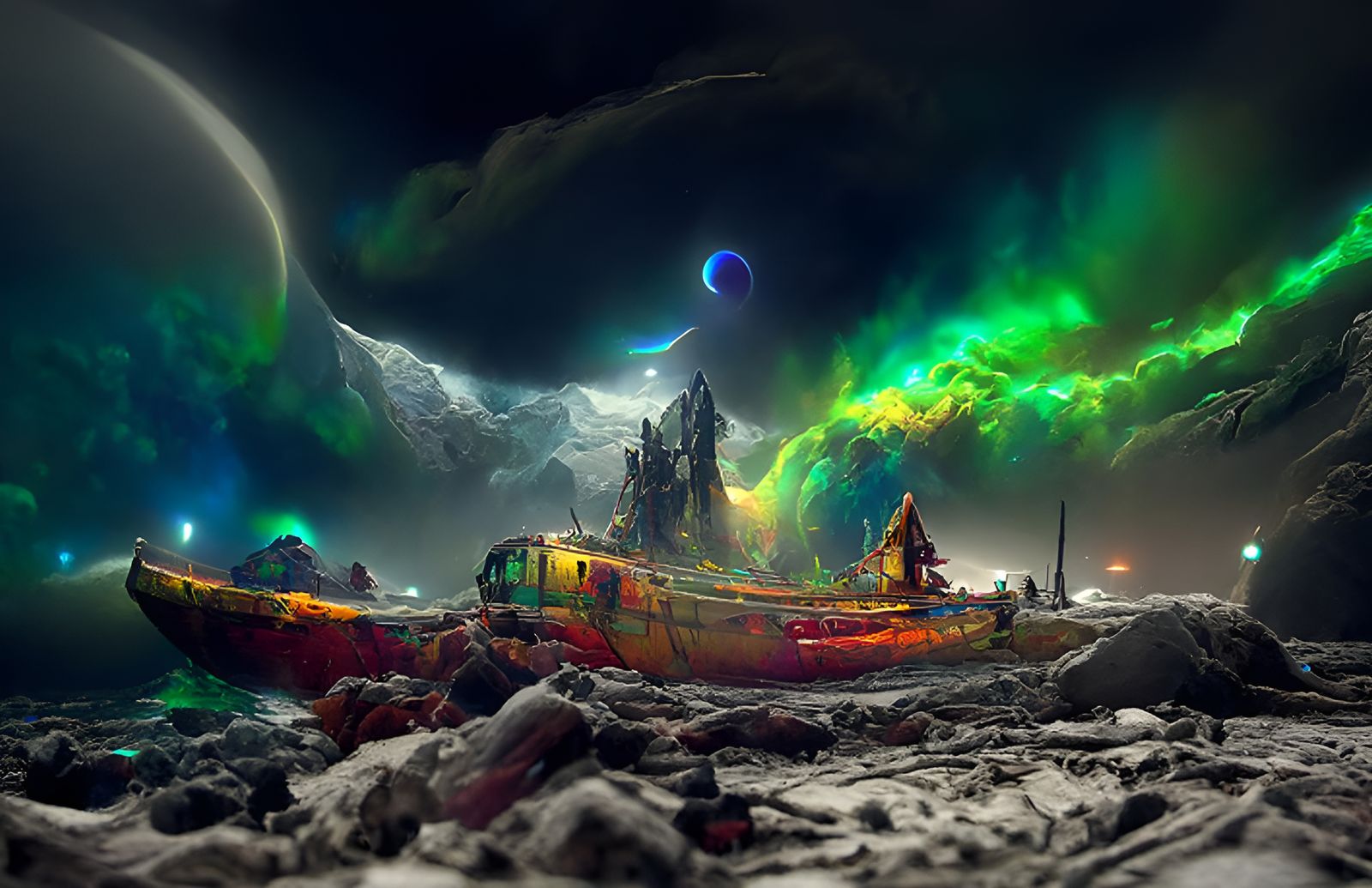 Shipwreck Under Northern Lights: Fantasy Sci-Fi Art
