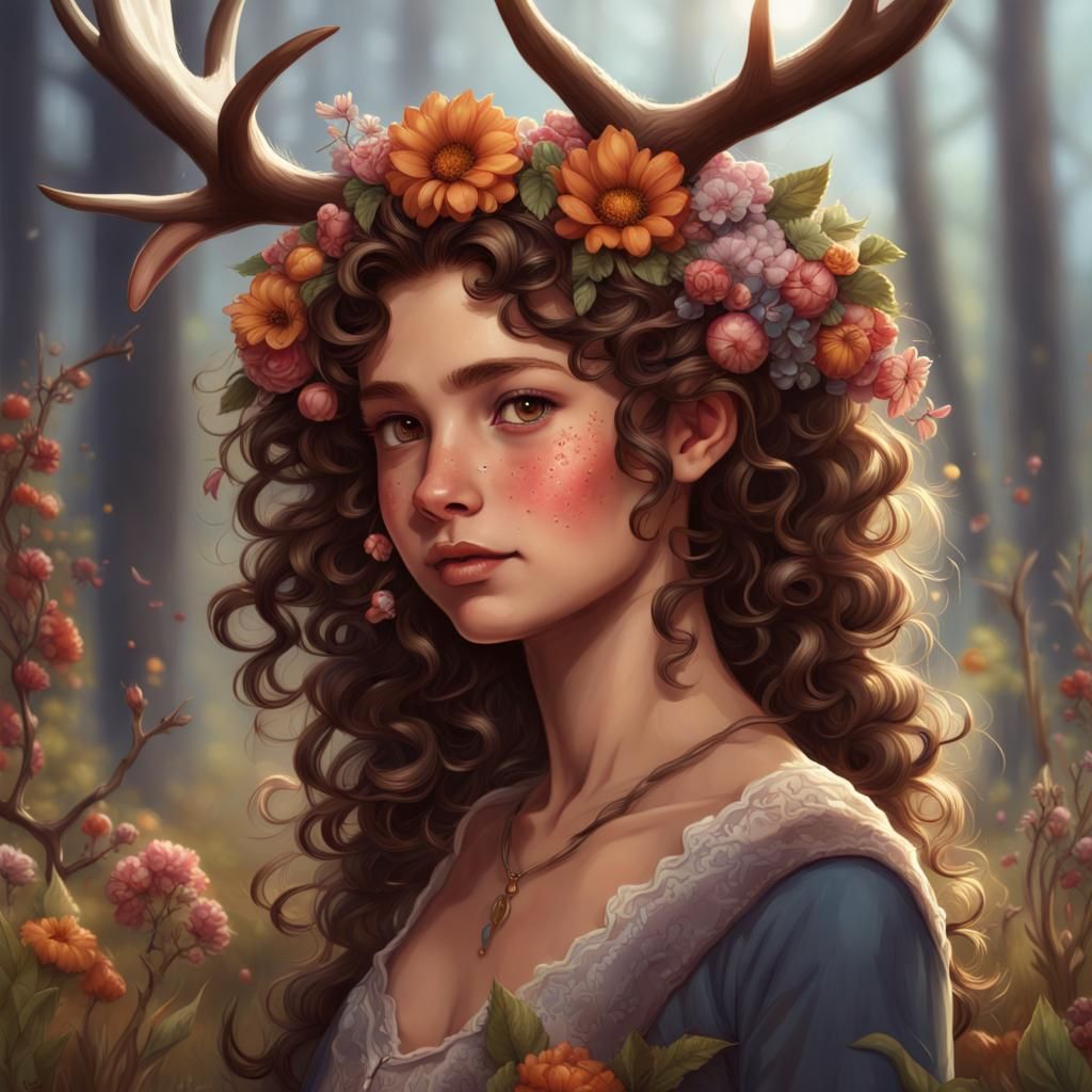 Girl with Deer Antlers and Flowers, Fantasy Art