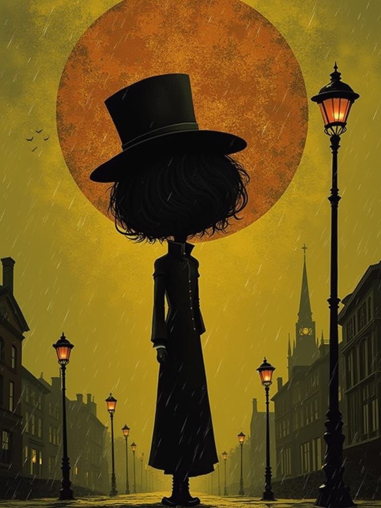 Victorian Figure in Rainy, Sci-Fi Cityscape