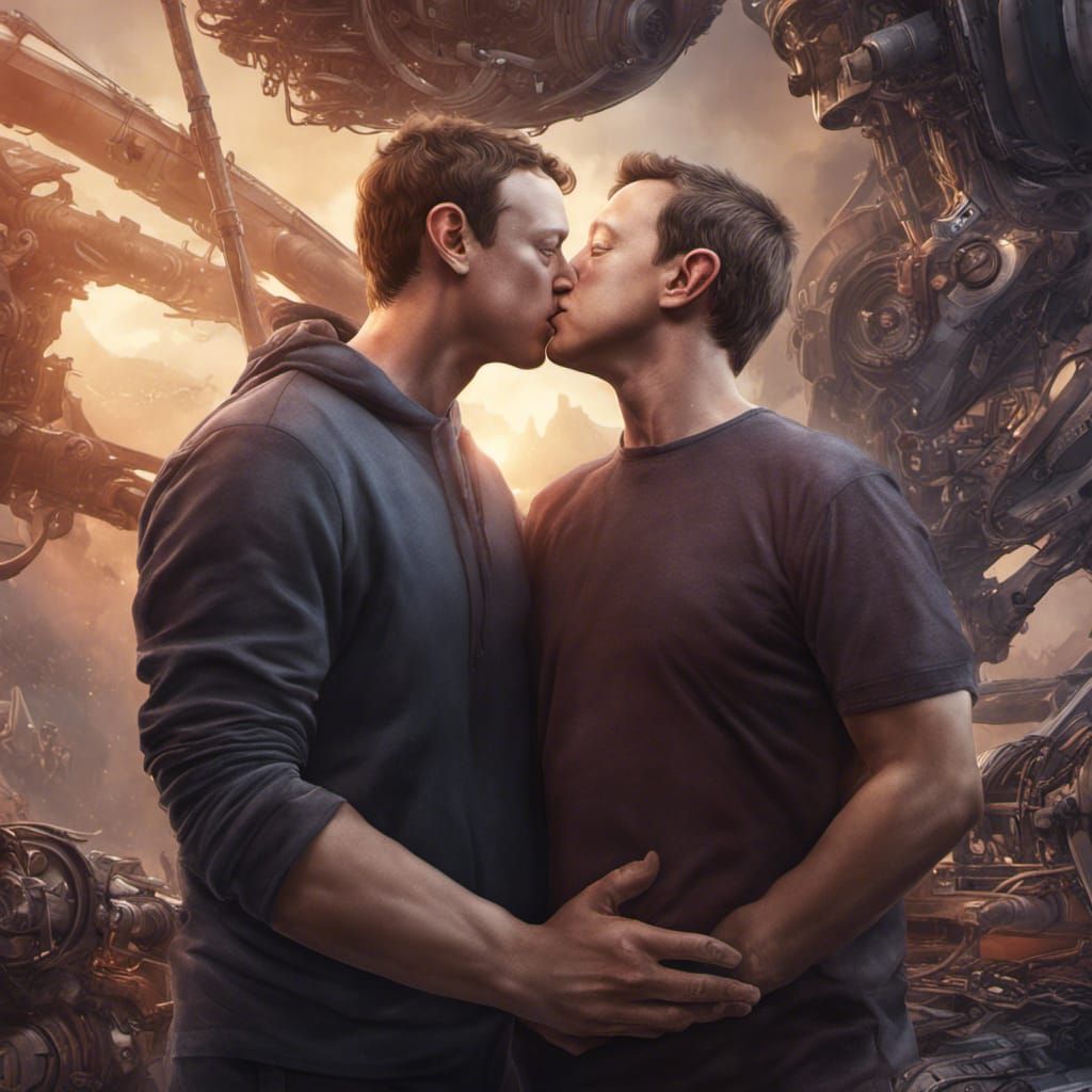 Zuckerberg and Musk: A Kiss in Detailed Digital Art