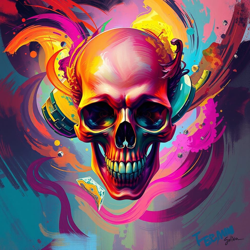 Bold, Futuristic Skull in Vibrant, Swirling Brushstrokes