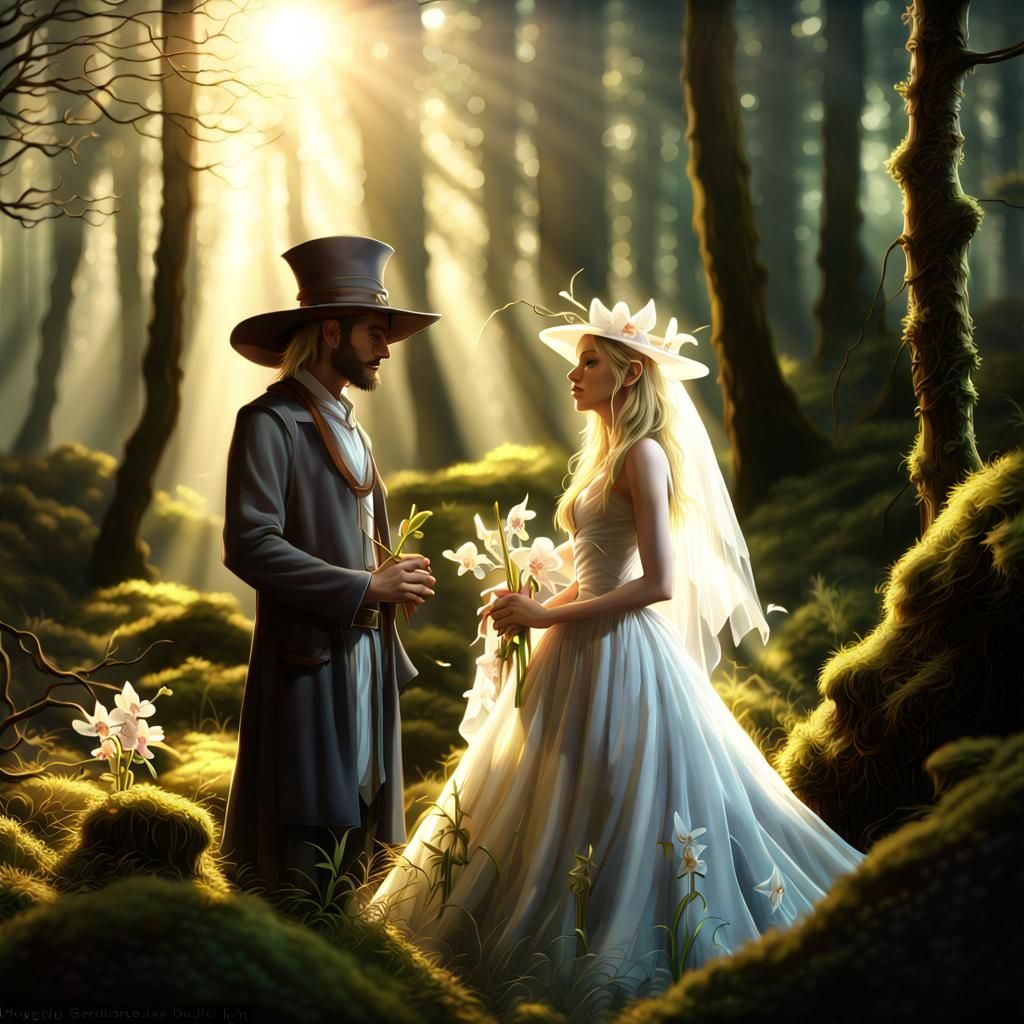 Wizard, Bride, and Spirit Beast in Backlit Forest