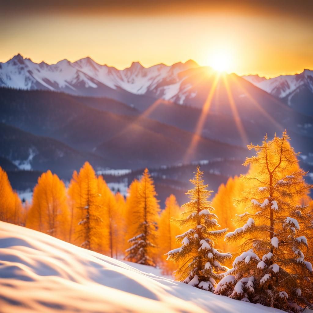 Bright yellow morning Sun rising over snow capped mountains ...
