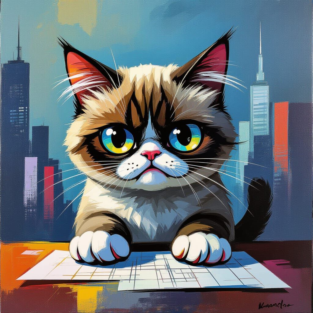 Grumpy Cat Smudges Futuristic City Blueprint in Abstract Sty...