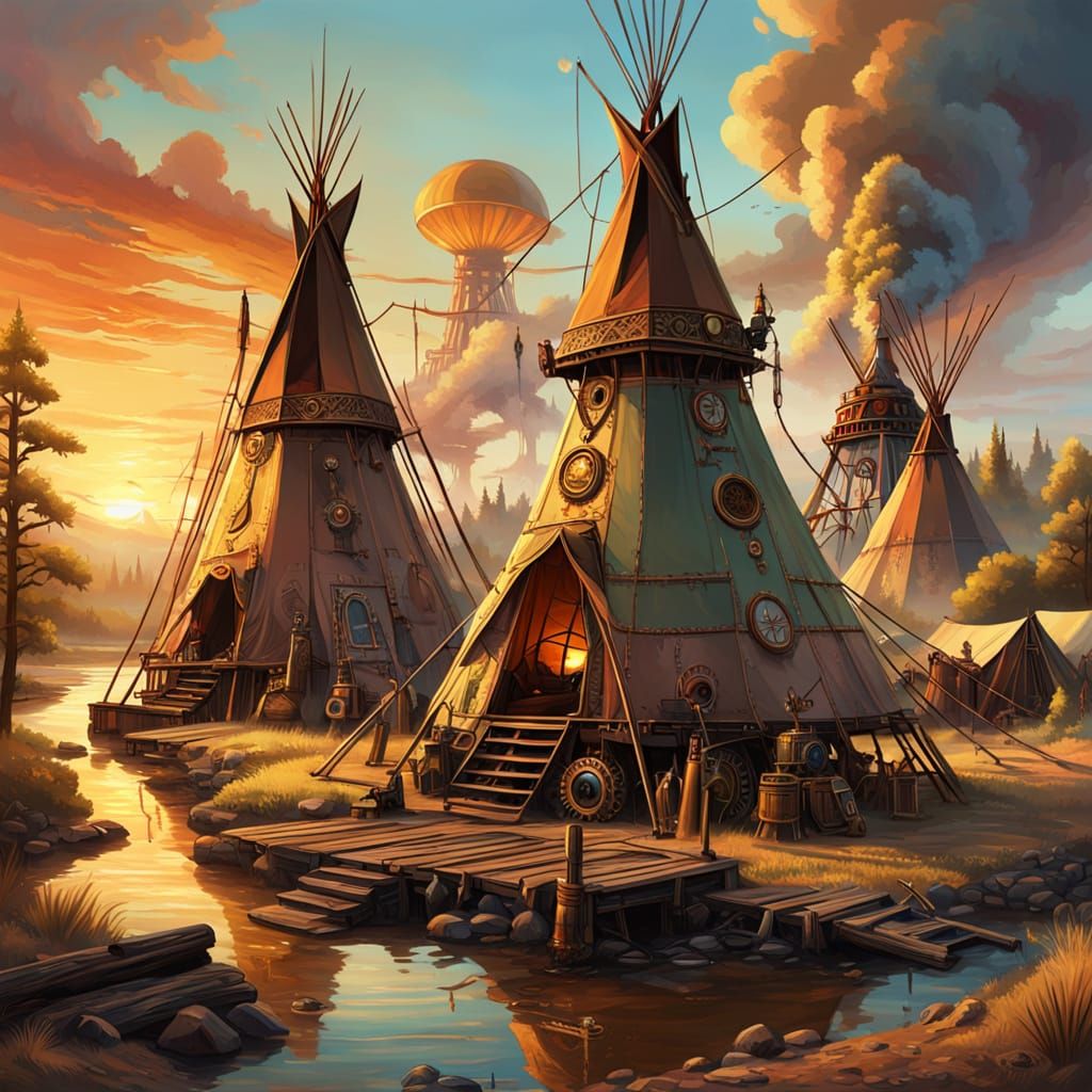 Steampunk Native Camp at Sunset: Oil Painting