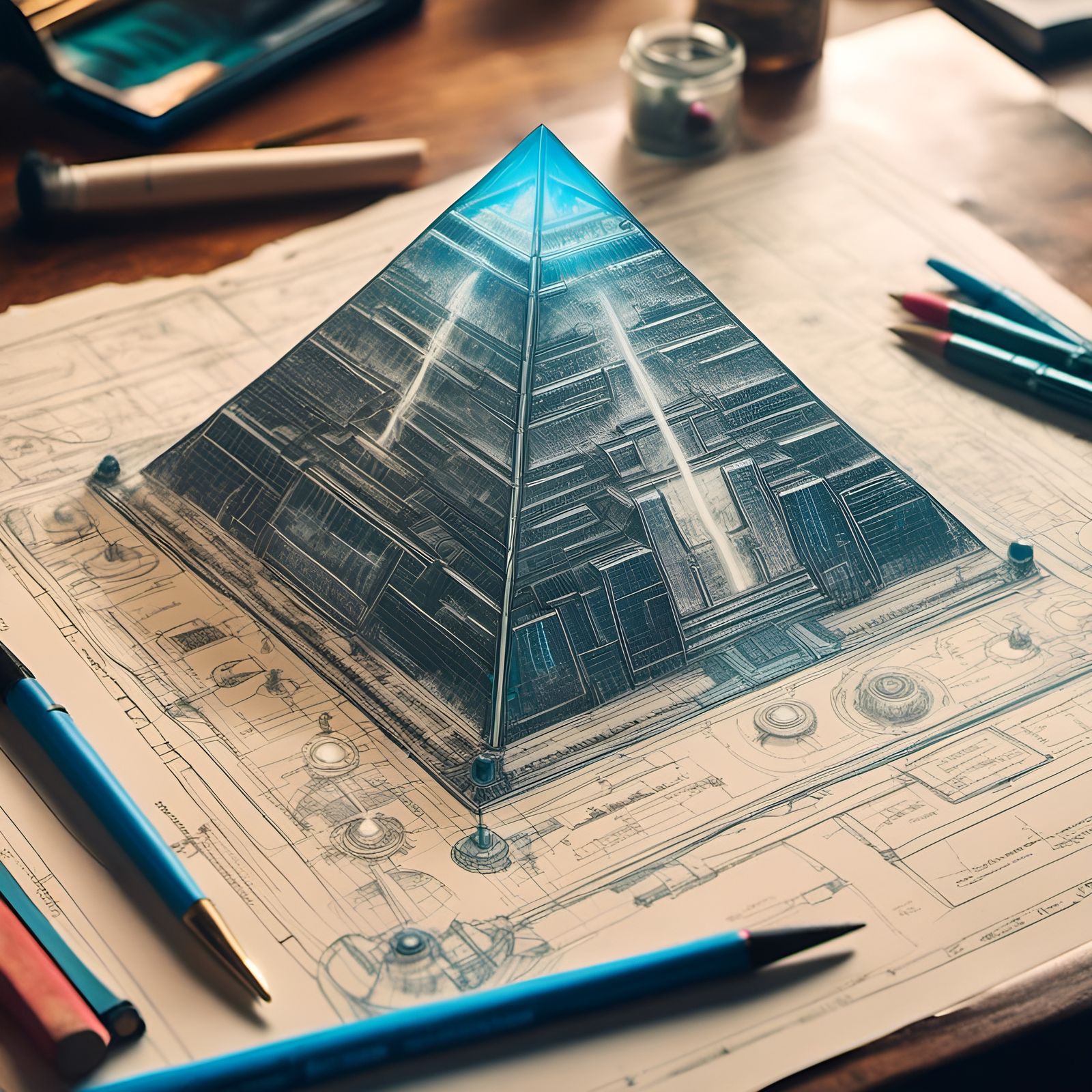 Futuristic Sci-Fi Pyramid Blueprint Illustration