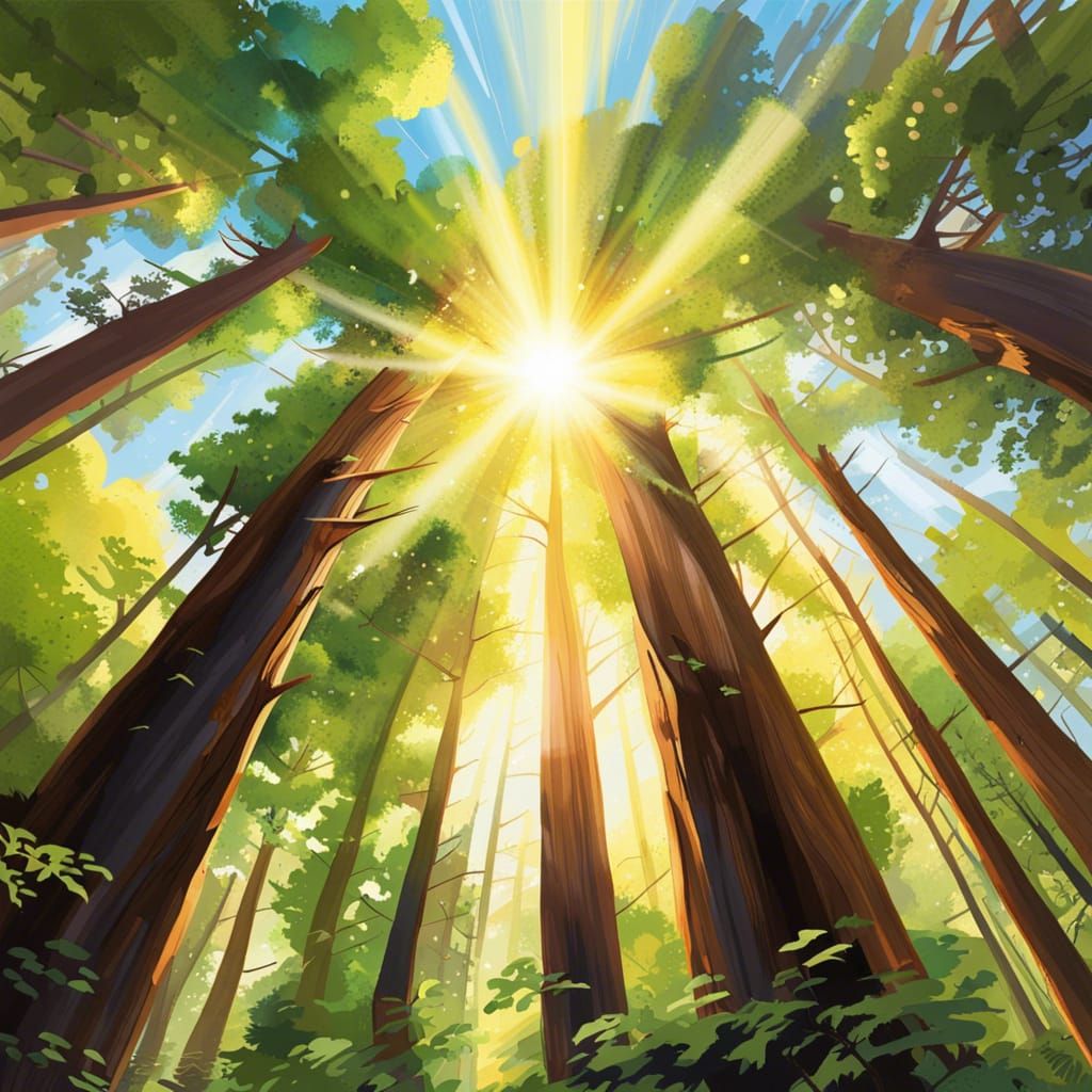 Sunlight Through Trees in Forest: Hyperrealistic Splash Art